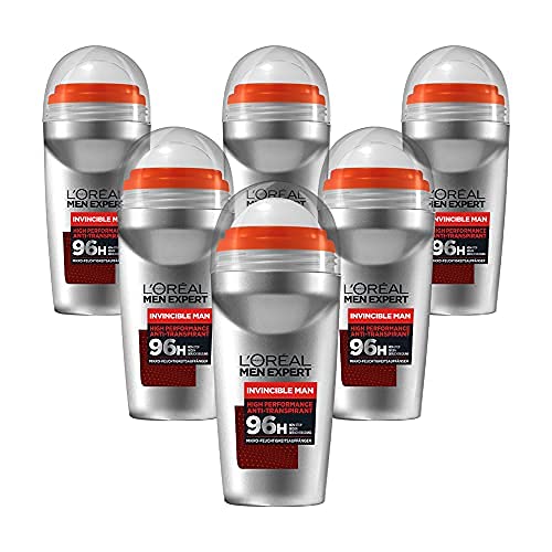 L'Oréal Men Expert Desodorante para hombre de alto rendimiento contra el olor durante 96 horas, incluye microabsorción de humedad, Invincible Man 6 x 50 ml