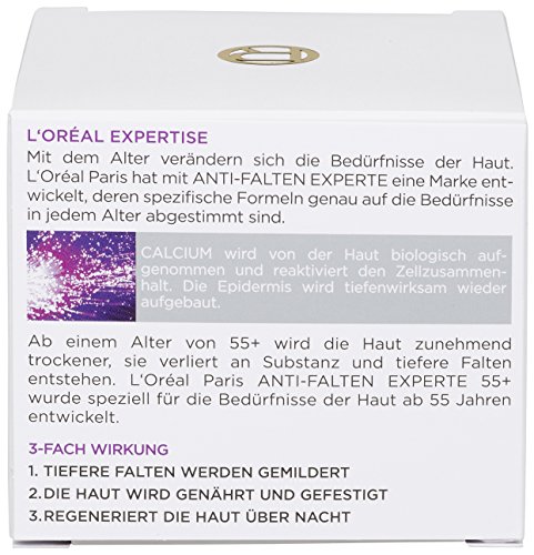 L'Oréal Paris Crema facial antiarrugas, Experte 55+ crema de noche para mujer a partir de 55 años con calcio, 3 unidades (50 ml).