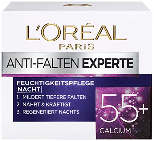 L'Oréal Paris Crema facial antiarrugas, Experte 55+ crema de noche para mujer a partir de 55 años con calcio, 3 unidades (50 ml).