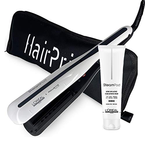 L'Oréal Professionnel Steampod 3.0 - Plancha alisadora + crema para cabello grueso 150 ml + estuche de almacenamiento plano negro Hairprice