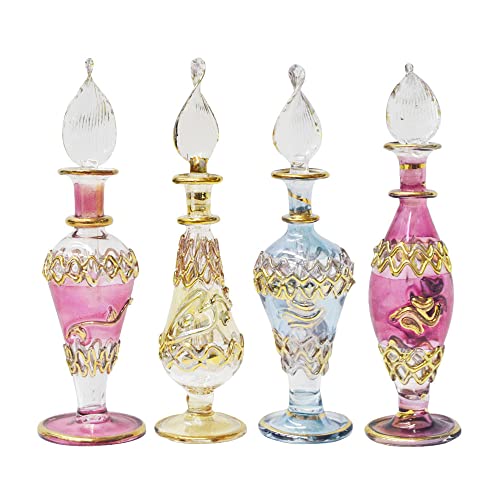 Lote de 4 Esencieros perfumeros Botes de Cristal egipcios Hechos a Mano en Egipto para Guardar Tus perfumes y aceites Esenciales 11-14 cm