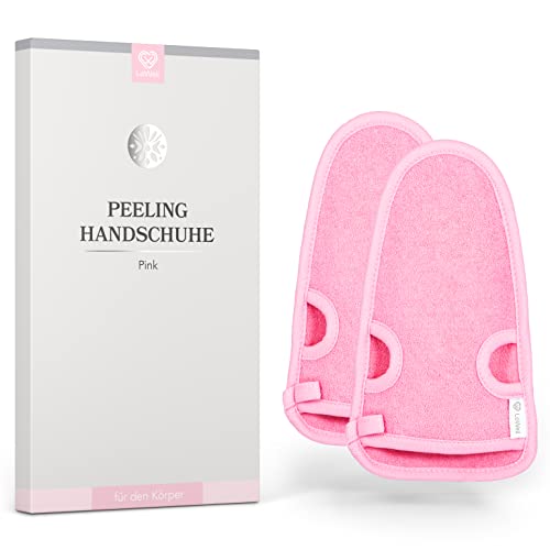 LoWell® 2 guantes exfoliantes - Guante exfoliante para baño árabe para el cuidado de cuerpo y rostro - Guía exfoliante y 2 ventosas de regalo - Rosa/Rosa