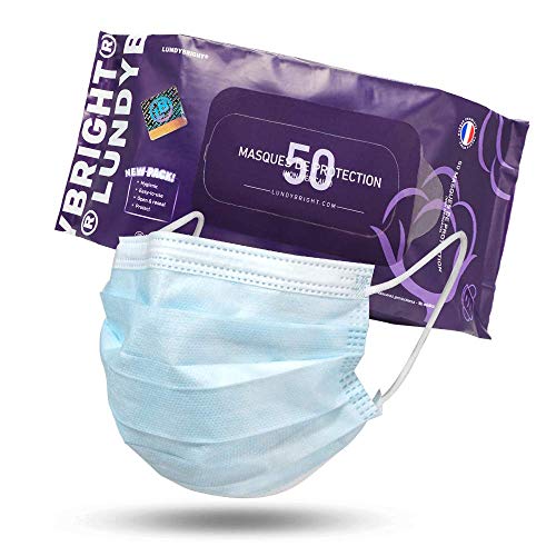 LundyBright 50 Mascarillas Quirúrgica Desechable Homologada Certificado CE Tipo I BFE≥95% Alta Eficiencia 3 capas EN14683:2019+AC:2019 Español [cada mascarilla está incluida en paquetes resellables]