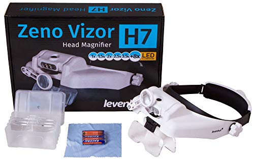 Lupa Frontal Levenhuk Zeno Vizor H7 con Iluminación por LED – Gafas Lupa con Banda para la Cabeza para Trabajar de Cerca con Ampliación de 1x / 1,5x / 2x / 2,5x / 3,5x / 8x