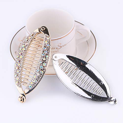 Lurrose 4pcs Banana Pinza de pelo Brillante Rhinestone Decoración Titular de cola de caballo Clip Resina Elegante Barreteadores del pelo para las mujeres (oro y plata)