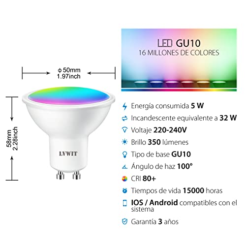 LVWIT Bombillas LED GU10 Inteligente WiFi Regulable 5W 350 Lm, Bombilla Alexa Multicolor Bombilla Compatible con Alexa, Google Home Assistant y App Smart Life/Tuya, Equivalente a 32W RGB, 2 Pcs.