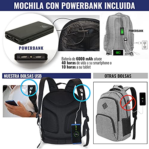 M-Edge Cargo Mochila Puerto USB en asa Incluye Batería Powerbank USB 6000 mAh – Portátil 17" - Hombre, Mujer, Unisex, Oficina, Viaje, Escuela – Negro