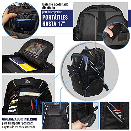 M-Edge Cargo Mochila Puerto USB en asa Incluye Batería Powerbank USB 6000 mAh – Portátil 17" - Hombre, Mujer, Unisex, Oficina, Viaje, Escuela – Negro