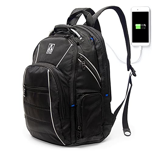 M-Edge Cargo Mochila Puerto USB en asa Incluye Batería Powerbank USB 6000 mAh – Portátil 17" - Hombre, Mujer, Unisex, Oficina, Viaje, Escuela – Negro