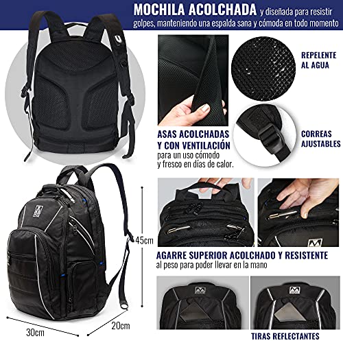 M-Edge Cargo Mochila Puerto USB en asa Incluye Batería Powerbank USB 6000 mAh – Portátil 17" - Hombre, Mujer, Unisex, Oficina, Viaje, Escuela – Negro