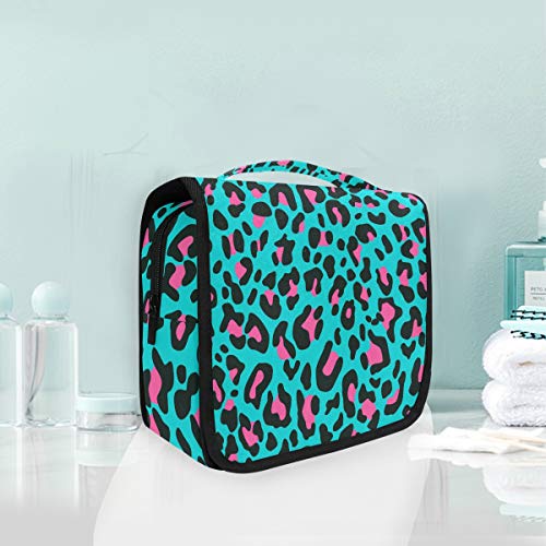 Manchas Rosadas Estampado De Leopardo Azul Bolsas de Aseo Neceser de Maquillaje Colgante Plegable Cosmético Bolso de Artículos de Tocado para Mujeres Niñas