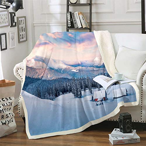 Manta de montaña de nieve, manta de sherpa de casas nevadas para niños y niñas, manta de forro polar de pino taiga, paisaje natural de invierno, manta de 76,2 x 101,6 cm, decoración de dormitorio