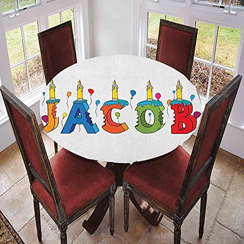 Mantel redondo con bordes elásticos, dibujos animados coloridos letras festivas ortografía nombre masculino sorpresa fiesta cumpleaños niños diseño jacob, para mesas de hasta 62 pulgadas de diámetro m