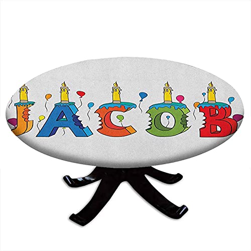 Mantel redondo con bordes elásticos, dibujos animados coloridos letras festivas ortografía nombre masculino sorpresa fiesta cumpleaños niños diseño jacob, para mesas de hasta 62 pulgadas de diámetro m