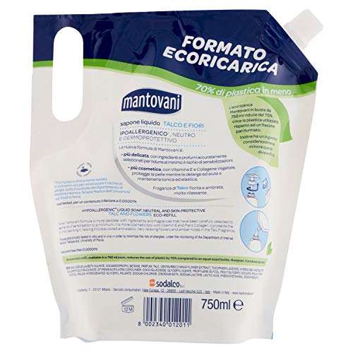 Mantovani - Jabón líquido neutro, formato ecorecarga, piel sensible, talco y flores blancas - 750 ml