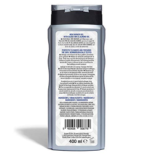 Marca Amazon - Solimo Gel de ducha para hombre con iones de plata y aceite de almendra- Paquete de 6 (6 Botellas x 400 ml)