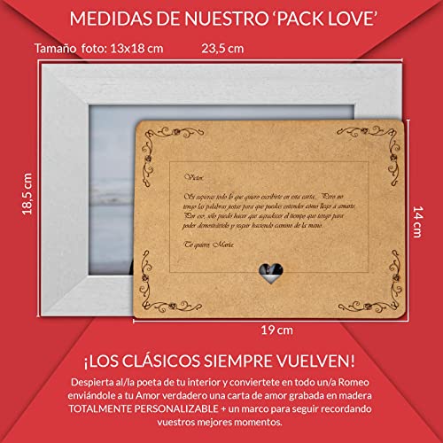 Marco de Fotos con una Carta de madera, Todo PERSONALIZABLE con tu Texto y con tu Foto. "Pack Love" Día de San Valentín -Hecho de madera de pino - agrega tu texto y sube tu imagen. Hecho en España