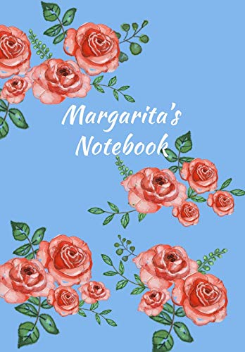 Margarita's Notebook: Personalized Journal – Garden Flowers Pattern. Red Rose Blooms on Baby Blue Cover. Dot Grid Notebook for Notes, Journaling. Floral Watercolor Design with First Name