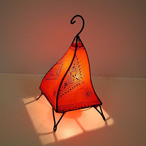 Marrakesch Fatuta - Lámpara de henna de piel marroquí (35 cm, estructura de metal forjada a mano, pantalla de piel pintada a mano), diseño oriental, color naranja | L1002