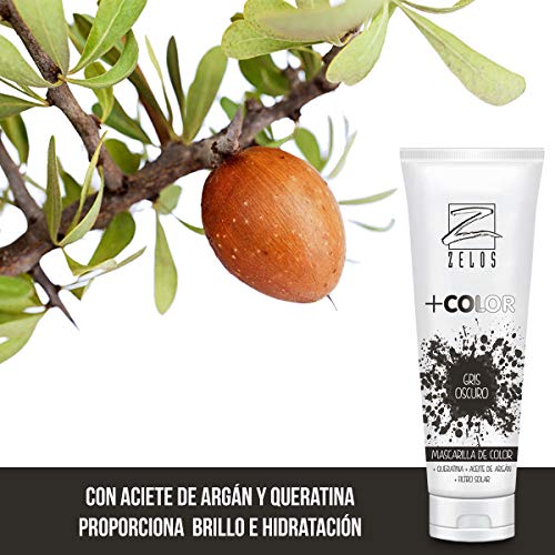 Mascarilla de Color para el Pelo - Gris Oscuro - 200 ml - Mascarilla Con Color Acondicionadora - Con Queratina y Aceite de Argán - Potencia el Color Desgastado - Uso Profesional - Zelos +Color