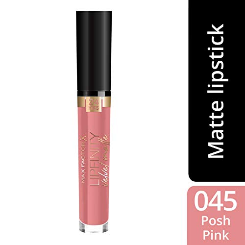 Max Factor Lipfinity Velvet Matte Posh Pink 45 – Pintalabios líquido con acabado mate en rosa intenso – Con aceite de coco nutritivo – Dura hasta 24 horas