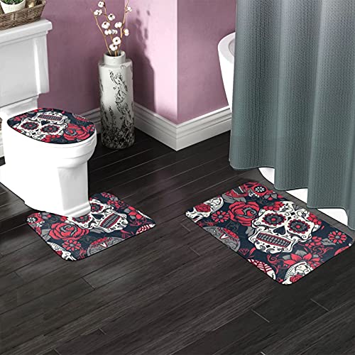 MBNGGAB Juego de 3 alfombrillas de baño con calavera de azúcar de Halloween, alfombrilla de baño + alfombrilla de contorno + tapa de inodoro con fondo adhesivo antideslizante