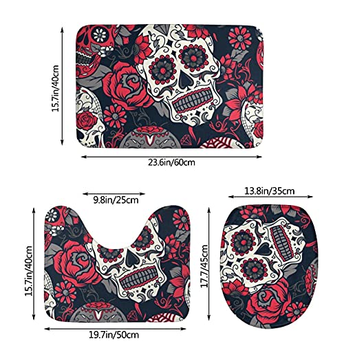 MBNGGAB Juego de 3 alfombrillas de baño con calavera de azúcar de Halloween, alfombrilla de baño + alfombrilla de contorno + tapa de inodoro con fondo adhesivo antideslizante