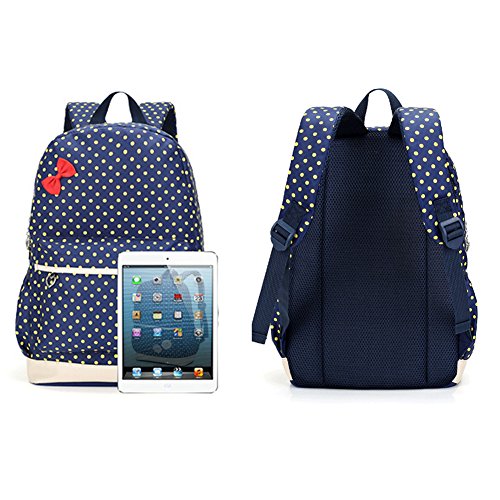 MCUILEE® Conjunto de 3 Polka Dot mochilas escolares/escolares bolsas/mochila niños niñas adolescentes + mini bolso + bolso crossbody (Azul Marino)