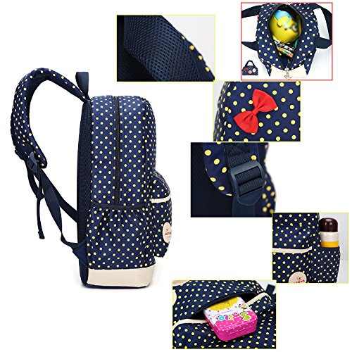 MCUILEE® Conjunto de 3 Polka Dot mochilas escolares/escolares bolsas/mochila niños niñas adolescentes + mini bolso + bolso crossbody (Azul Marino)