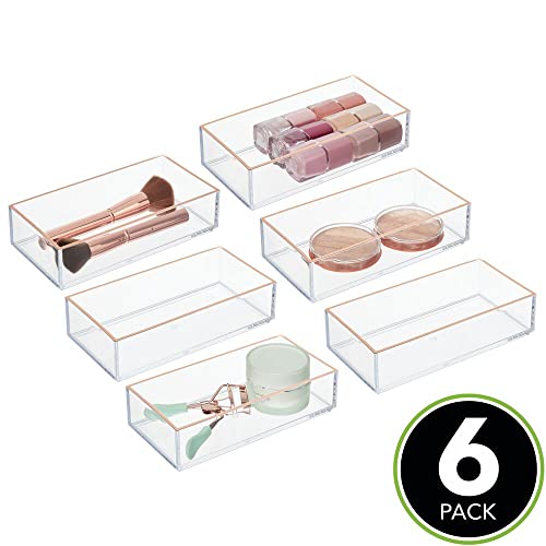 mDesign Cajas organizadoras de cosméticos – Práctico organizador de maquillaje para pintalabios, pintaúñas y más – Cajas rectangulares para baño o dormitorio – Juego de 6 – transparente/dorado rojizo