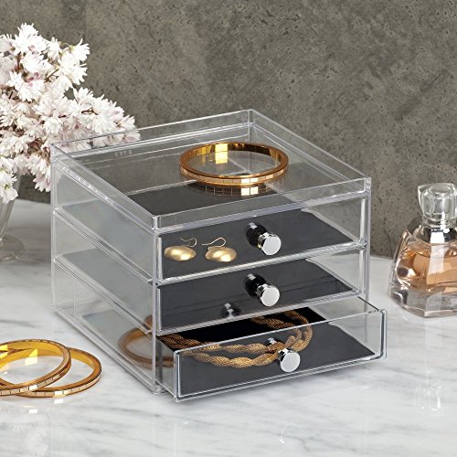 mDesign organizador de gafas con 3 cajones - Caja metacrilato en color transparente - También perfecta como joyero u organizador de maquillaje