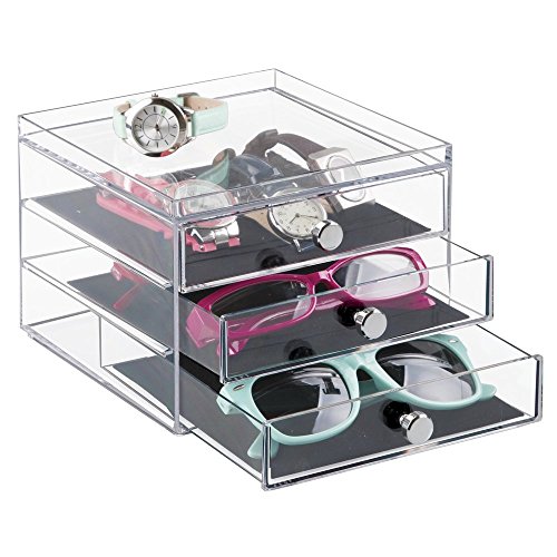 mDesign organizador de gafas con 3 cajones - Caja metacrilato en color transparente - También perfecta como joyero u organizador de maquillaje