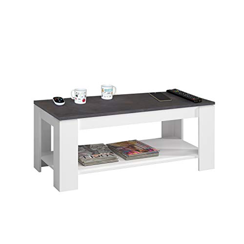 Mesa Centro con revistero, Mesa elevable, mesita Mueble Salon Comedor, Acabado en Blanco Artik y Oxido, Medidas: 102 cm (Largo) x 43/54 cm (Alto) x 50 cm (Fondo)