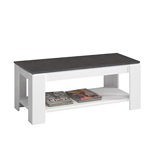 Mesa Centro con revistero, Mesa elevable, mesita Mueble Salon Comedor, Acabado en Blanco Artik y Oxido, Medidas: 102 cm (Largo) x 43/54 cm (Alto) x 50 cm (Fondo)