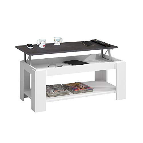 Mesa Centro con revistero, Mesa elevable, mesita Mueble Salon Comedor, Acabado en Blanco Artik y Oxido, Medidas: 102 cm (Largo) x 43/54 cm (Alto) x 50 cm (Fondo)