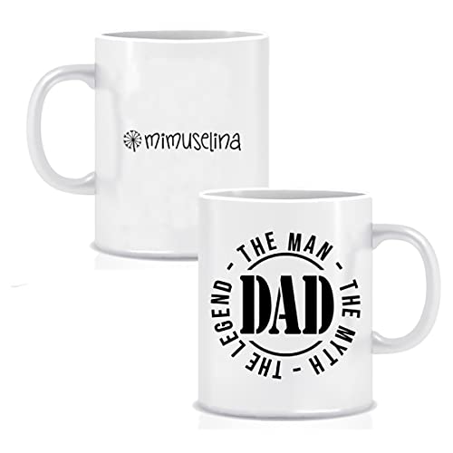 MIMUSELINA Regalo Papá Pack Dia del Padre de Camiseta Hombre, Taza Dad y Llavero de Madera Dad, con Sello Papi Dad, The Man, Myth, Legend. Regalo Papa Padre Primerizo (Talla XL)