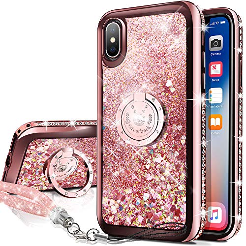 Miss Arts Funda iPhone X/XS [Silverback] Carcasa Brillante Purpurina con Soporte Giratorio de 360 Grados, Transparente Cristal Bumper Telefono Fundas Case Cover para Apple iPhone X/XS -Rose Oro