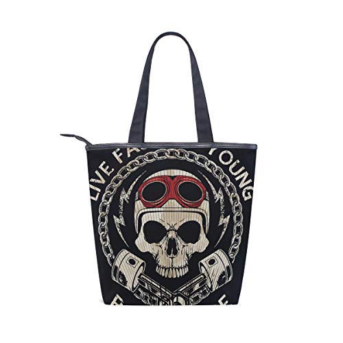 Mnsruu Bolso grande de lona para playa, bolsa de hombro para viajes, compras, calavera retro y vieja escuela, bicicleta de verano para mujeres y niñas