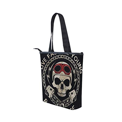 Mnsruu Bolso grande de lona para playa, bolsa de hombro para viajes, compras, calavera retro y vieja escuela, bicicleta de verano para mujeres y niñas