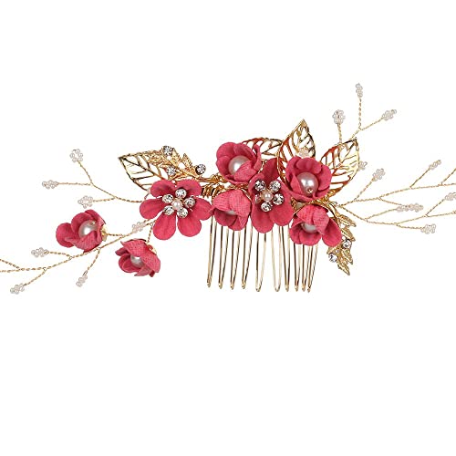 Moda Boda Romántica Dama de honor Cabello Joyería Peines Nupciales Clips Hojas Tiara Flor Cabello Pin (Rosa rojo)