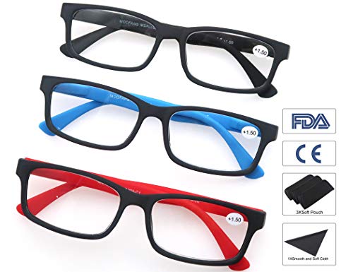 MODFANS Pack de 3 Gafas de Lectura 1.5/Gafas para Presbicia Hombres/Mujeres,Buena Vision Ligeras Comodas,Vista de Cerca/Vista Cansada,Colores Negro-Rojo-Azul