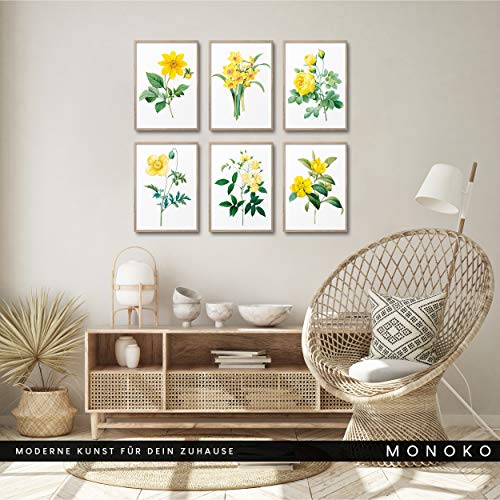 MONOKO® Juego de pósteres para el salón, juego de imágenes para el dormitorio, con estilo, 6 unidades, sin marco (flores, amarillo, narciso, 6 x A4 (21 x 29,7 cm)