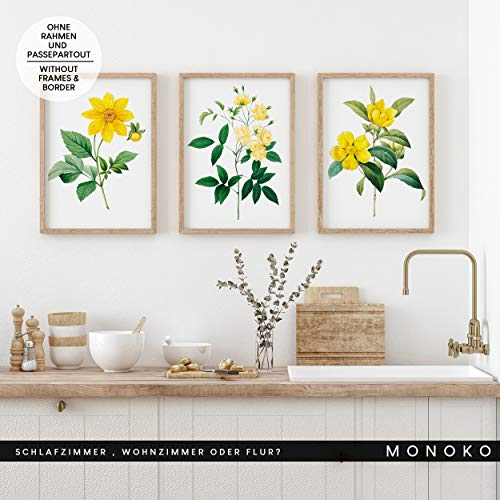 MONOKO® Juego de pósteres para el salón, juego de imágenes para el dormitorio, con estilo, 6 unidades, sin marco (flores, amarillo, narciso, 6 x A4 (21 x 29,7 cm)