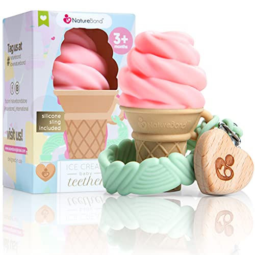 Mordedor de silicona para bebés NatureBond - Juguete para la dentición de helado con clip de silicona para sujetar el chupete | 5 bonitos colores | Sin BPA (Fresa - Rosa)