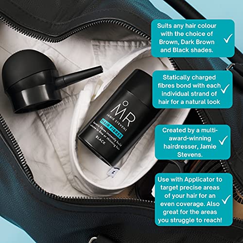 MR Hair Building Fibras Negras, 15 g. Disfraza y cubre el cabello adelgazante o calvo con fibras de queratina. Construye la densidad del cabello para hacer que el cabello se vea y se sienta más grueso