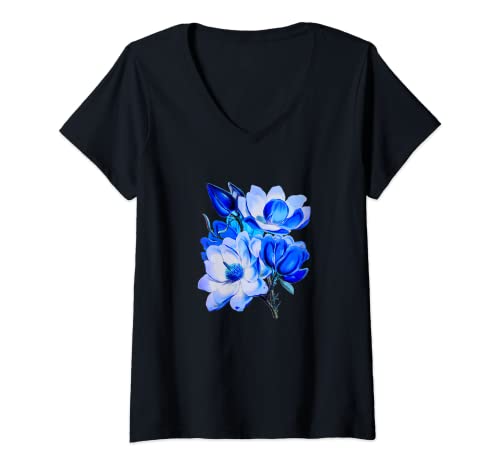 Mujer Camisa estética hermosa azul magnolia flor floral amante Camiseta Cuello V