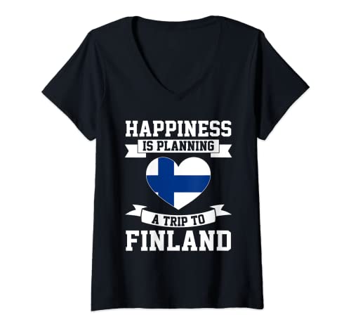 Mujer La felicidad está planeando viaje Finlandia raíces finlandesas Camiseta Cuello V