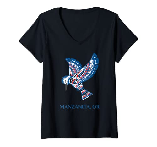 Mujer Manzanita Oregon Nativo Americano India Kingfisher Bird Camiseta Cuello V