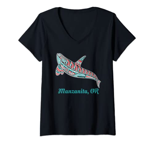 Mujer Manzanita, Oregon Orca Asesina Orca Ascendente Nativo Americano Camiseta Cuello V