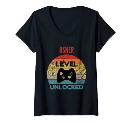 Mujer Usher Level Unlocked - Regalo de jugador para comenzar un nuevo trabajo Camiseta Cuello V